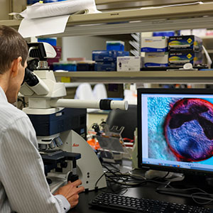 scientist at microscope